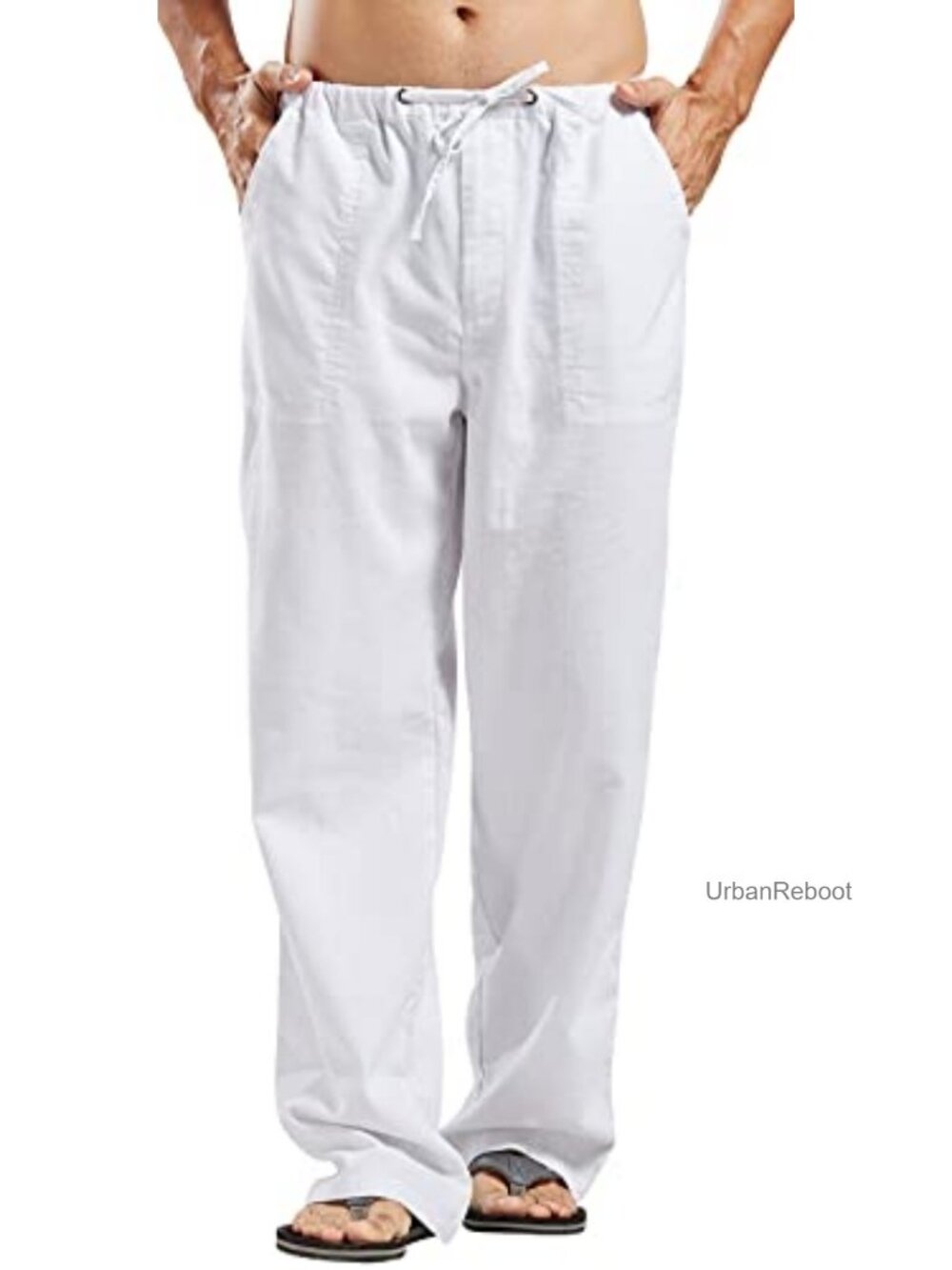Men's Cotton Linen Beach Pants Loose Fit Straight Leg Stretchy Waist Drawstring